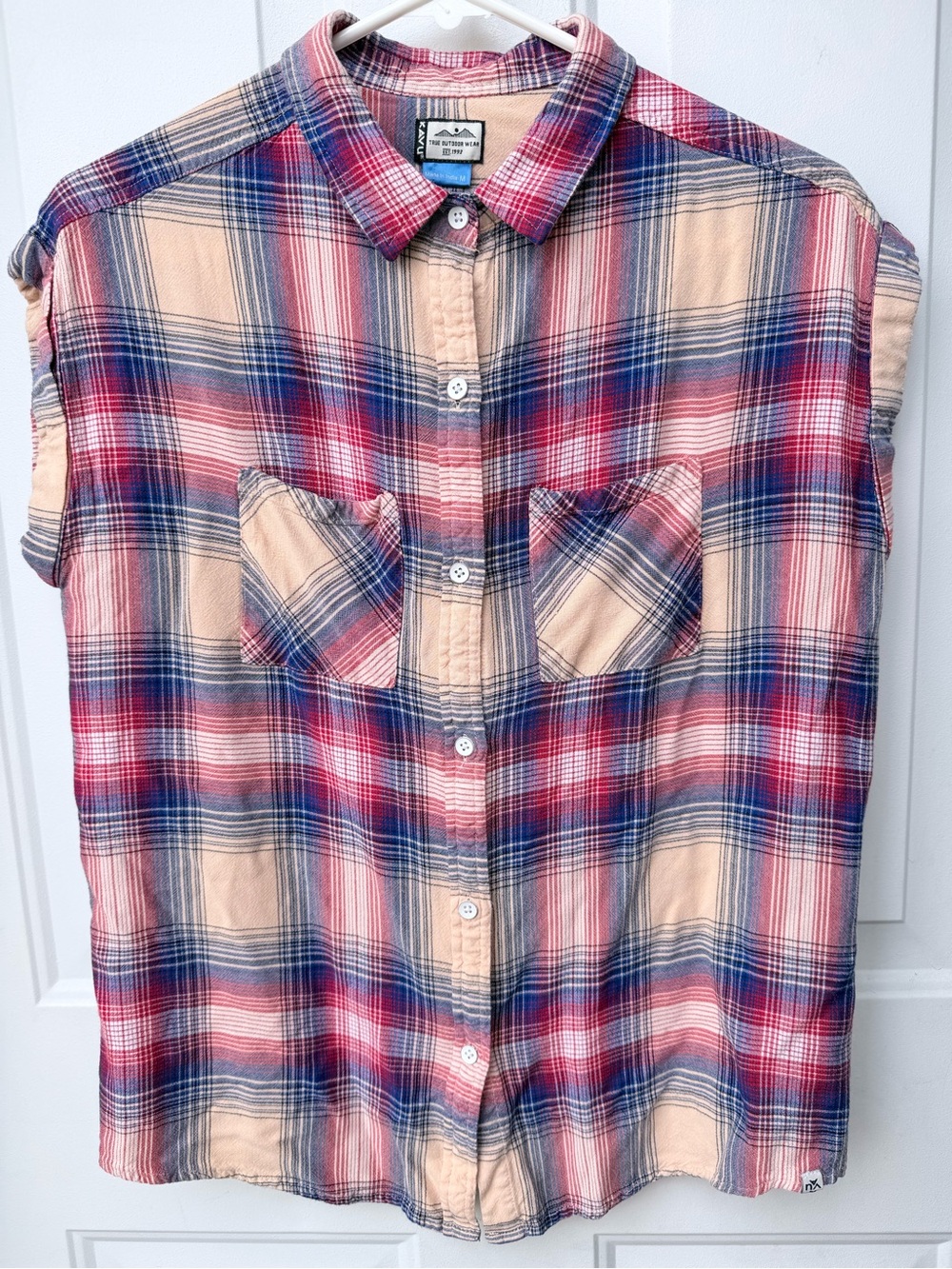 KAVU Women’s Plaid Cap Sleeve Button Up Shirt Size M Rayon Outdoor Casual